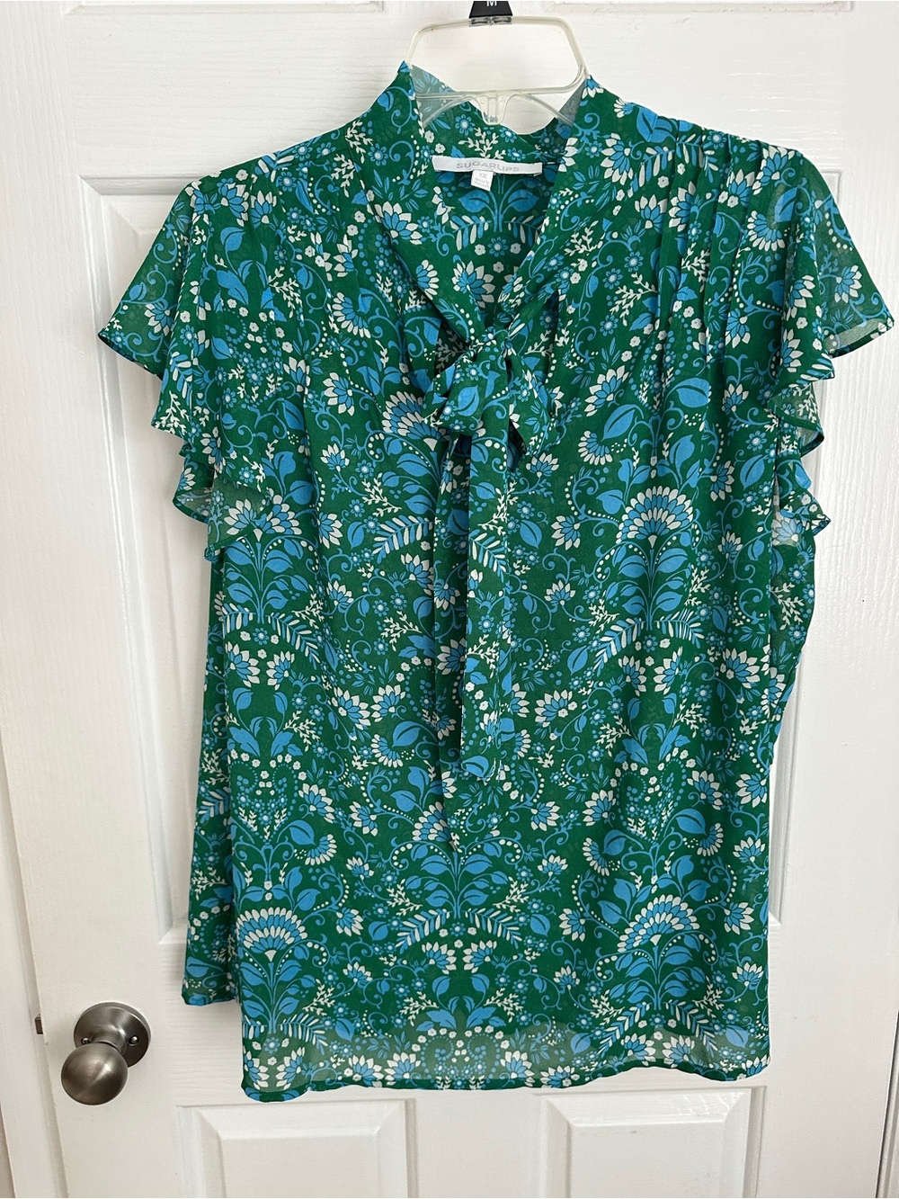 Floral Tie-Neck Ruffle Flutter Sleeve Top